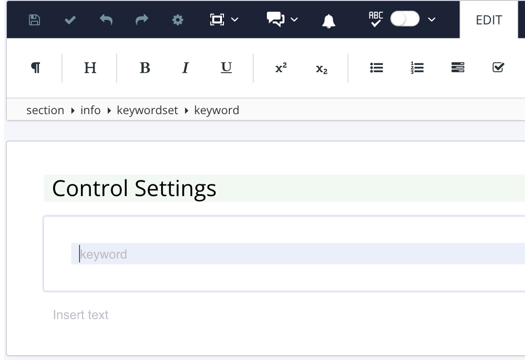 Paligo topic. Info element contains a keywordset element. The keywordset element contains a keyword element.