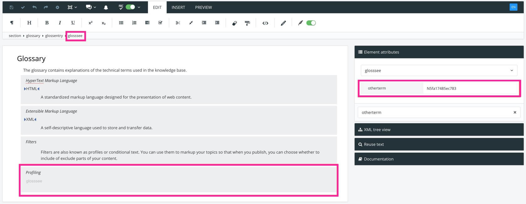 Glossary topic open in Paligo editor. The glosssee element is selected. In the element attributes section, the otherterm attribute has been added to the glosssee element and it has its value set to the xml id of another glossary term.