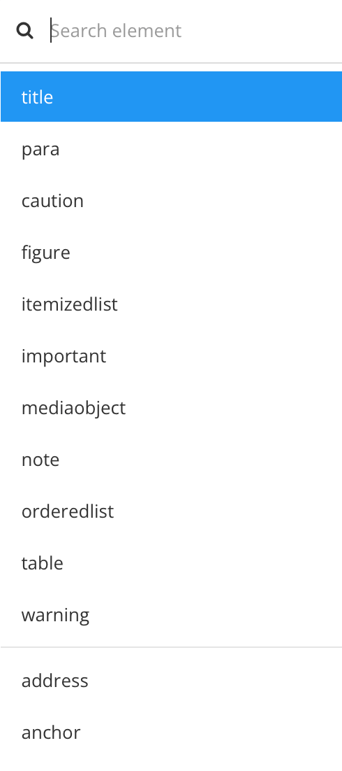 Element context menu shows a search field and a list of elements that are valid at the current position.