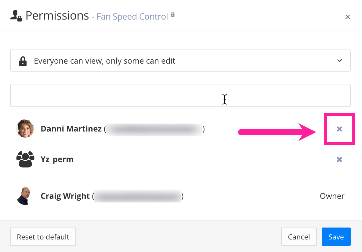 Permissions dialog. At the bottom, there is a list of the users and groups that have permission to edit. Next to a user name, there is an X icon. A callout arrow points to the X icon and a callout box surrounds the icon.