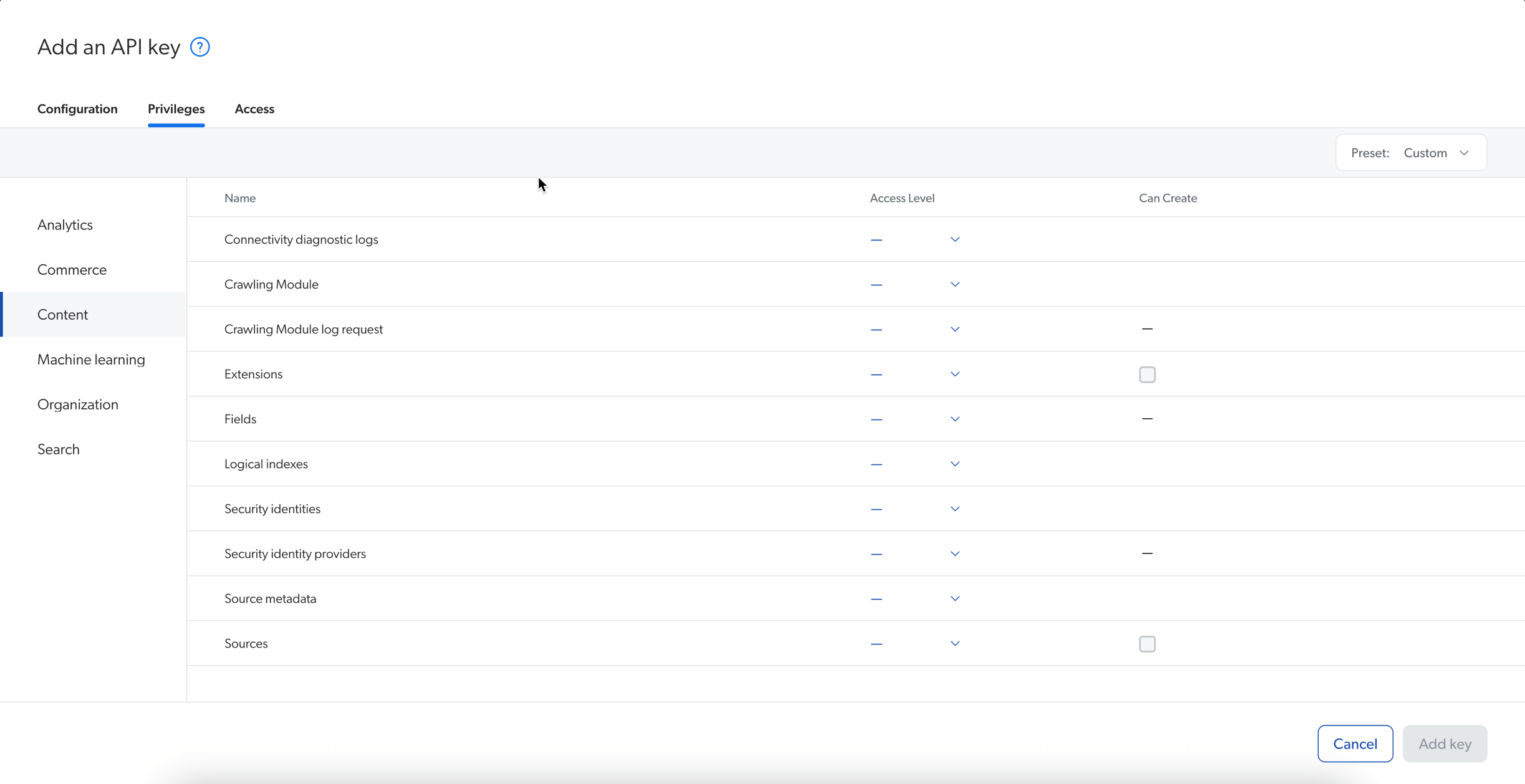 Add an API key dialog in Coveo. The Privileges tab is selected. It has a list of names, access levels, and permissions for "can create".
