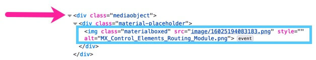 HTML code showing <div class="mediaobject"> on the top line, <div class="material-placeholder"> on the middle line, and <img class="materialboxed" with some other image metadata on the third line. A callout arrow points to the first line and a blue highlight box is around the third line.