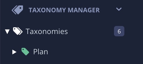 Taxonomy manager shows a top-level tag has been added to the taxonomies hierarchy. The tag is named "Plan" in this example.