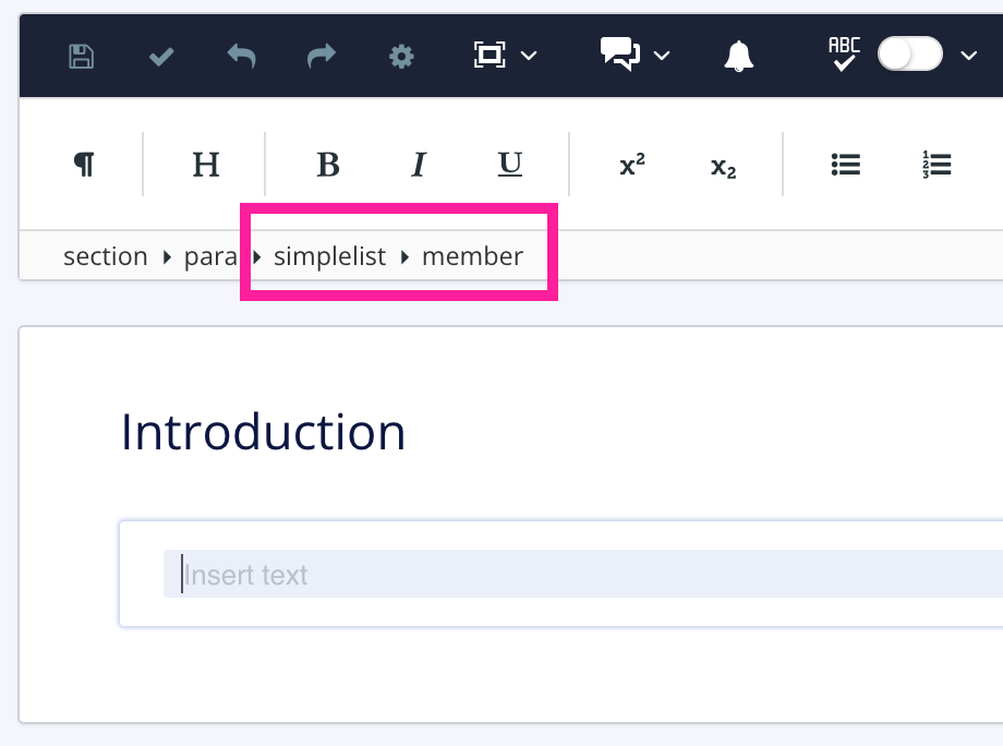 Close up of Element Structure Menu. It shows section, para, simplelist, member in order from left to right. A callout box highlights simplelist and member.