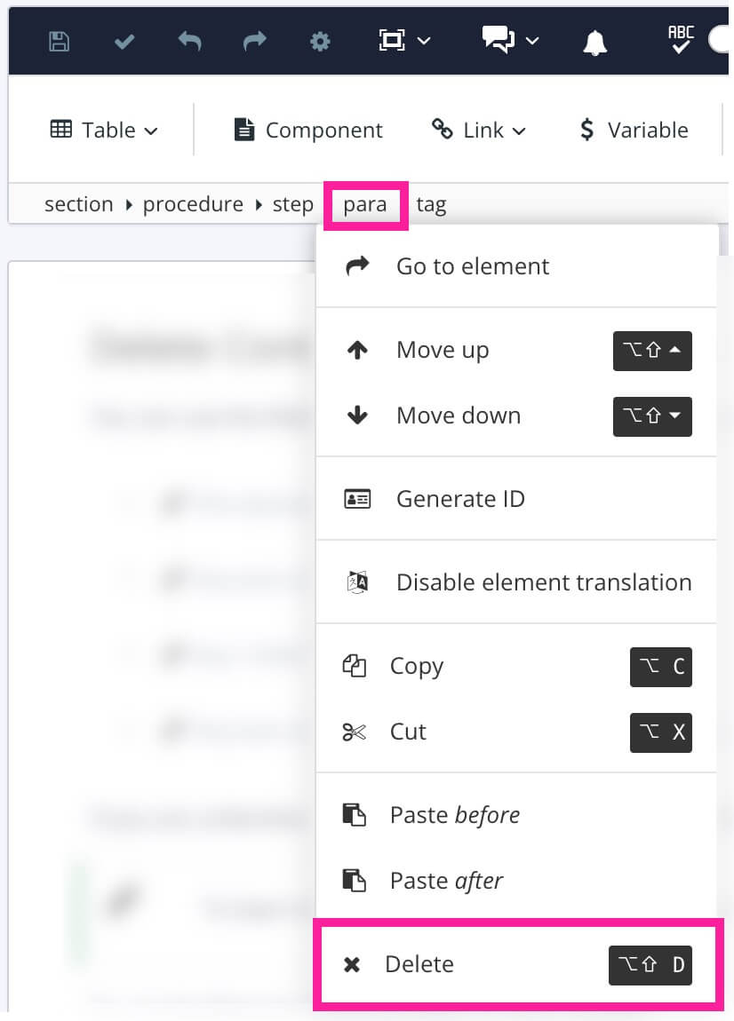 Element structure menu. The para element is selected, revealing a menu. The delete option is highlighted in the menu.