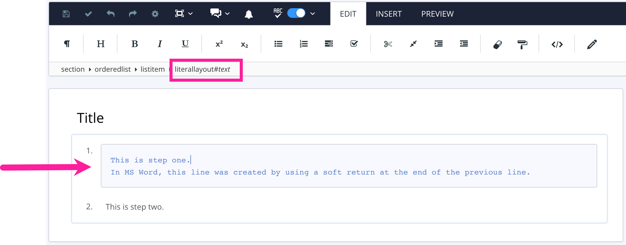 Paligo topic containing a number list. The first list item has a shaded box around it. In the element structure menu, the literallayout element is highlighted.