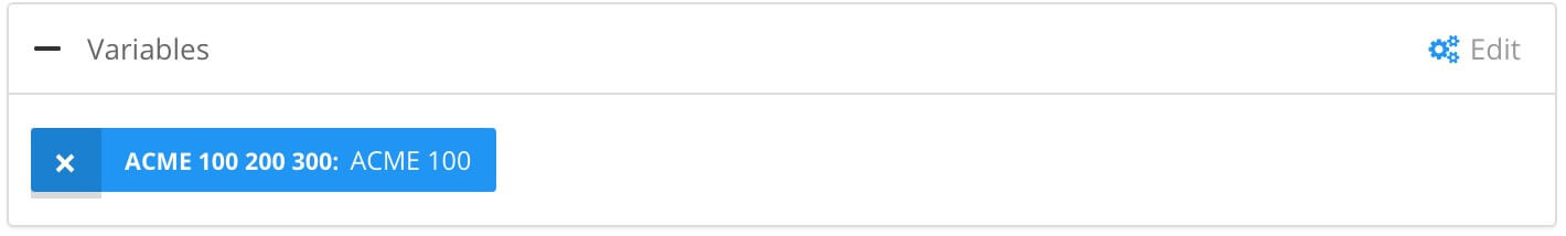 Variables section of publish document dialog. The ACME 100 200 300 variable set is selected with the ACME 100 variant.