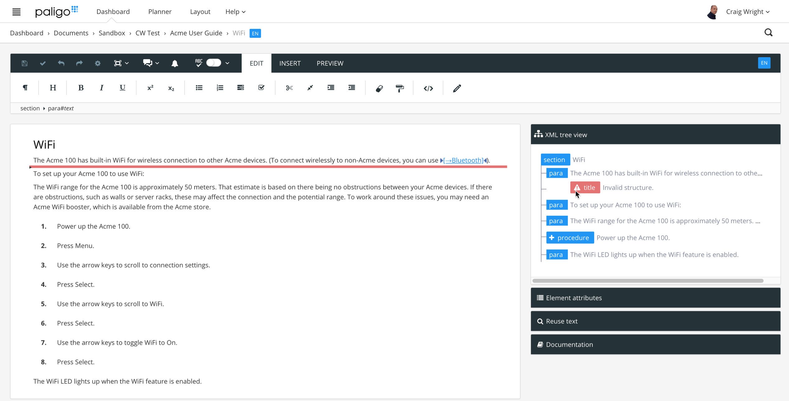 On the left, the main editor shows a topic is open. There is content in the topic and a horizontal red line is shown in a paragraph. In the XML structure view, the cursor is on a red title tag. It is red because the user is trying to move it into an invalid position. The red line in the main editor also indicates this.