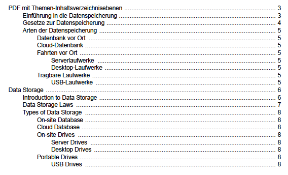 A table of contents that contains multiple languages. The top section has entries in German. The bottom section has entries in English.