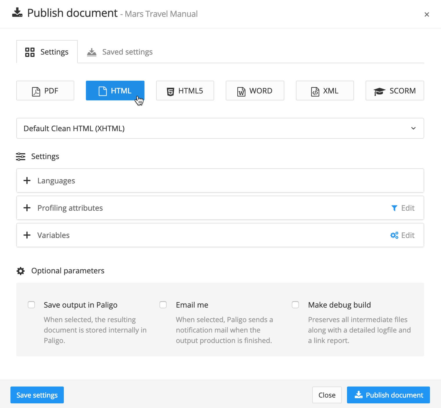The publishing settings in Paligo. The HTML output button is selected.