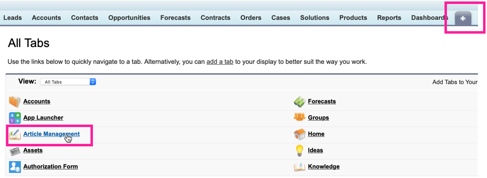 All tabs section in Salesforce. A callout box highlights the article management option. Another callout box highlights the plus icon in the top-right corner.