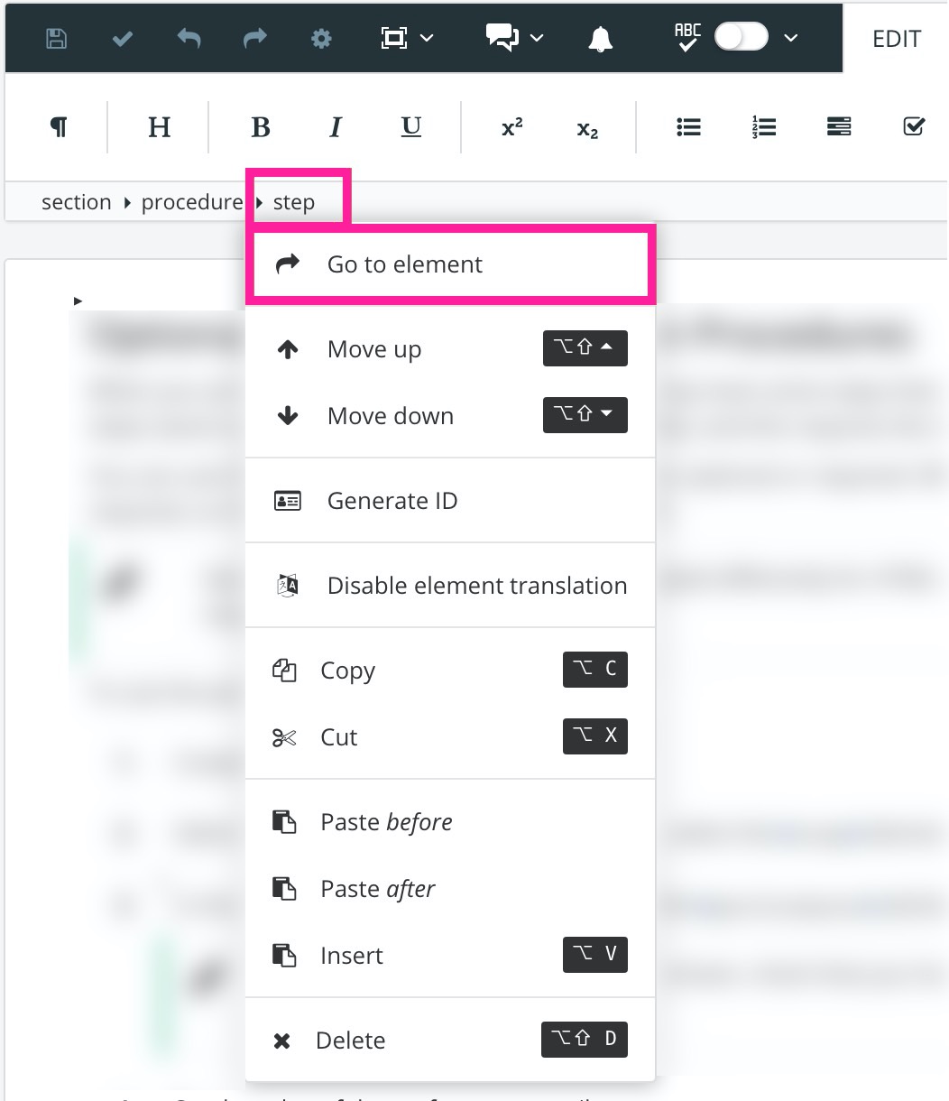 Element structure menu showing section, procedure, and step. Step is selected and its menu shows a go to element option, which is highlighted.