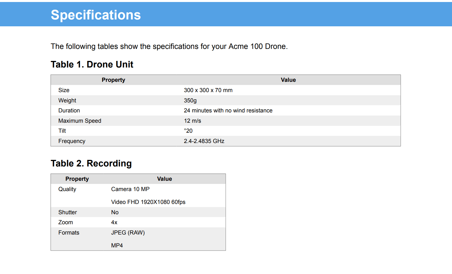 PDF output showing a topic that contains two tables, labelled Table 1 and Table 2. Table 1 is using the full width of the body area of the page. Table 2 is only using half of the body area.