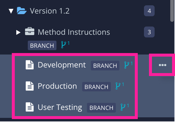 Close up of topics in the Content Manager. A pink highlight box surrounds three branched topics. Another pink highlight box surrounds the dotted menu to the right of one of the topics.