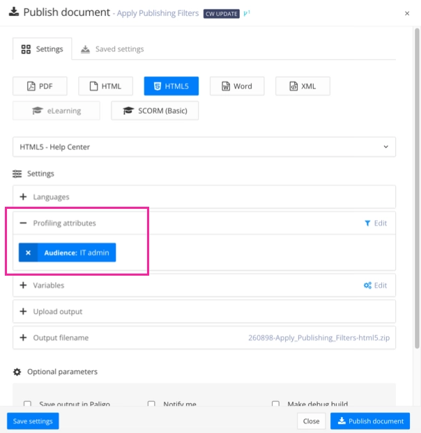 Publish document dialog. The publishing settings are for an HTML5 help center output. The profiling attributes have Audience: IT admin set to be included.