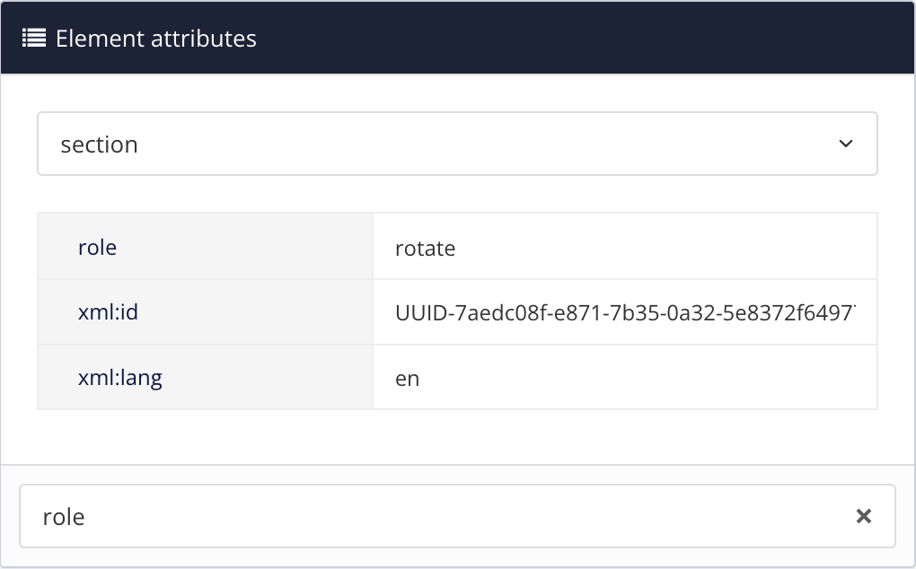 Element attributes panel. The section element is selected. It has the usual xml:id and xml:lang attributes and also a role attribute. The value of the role attribute is: rotate