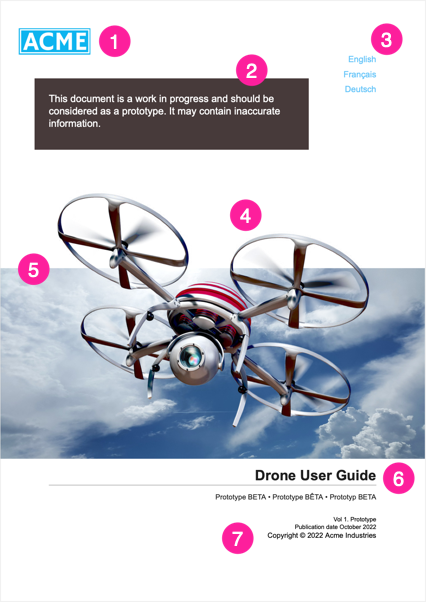 Image showing a front cover. There is a logo in the top left and it is labelled 1. Below that, a content box labelled 2 and it has a dark background and white text. There is list of languages and that is labelled 3. A foreground image of a drone is labelled 4. The page background is mostly white with a band of sky and this is labelled 5. At the bottom, there is the user guide title, labelled 6 and some information about the guide, labelled 7.