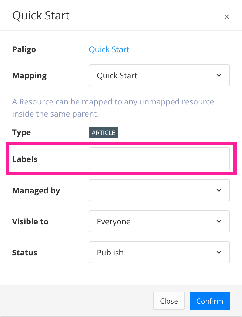 Properties dialog for an article being mapped to Zendesk. The Labels field is highlighted.