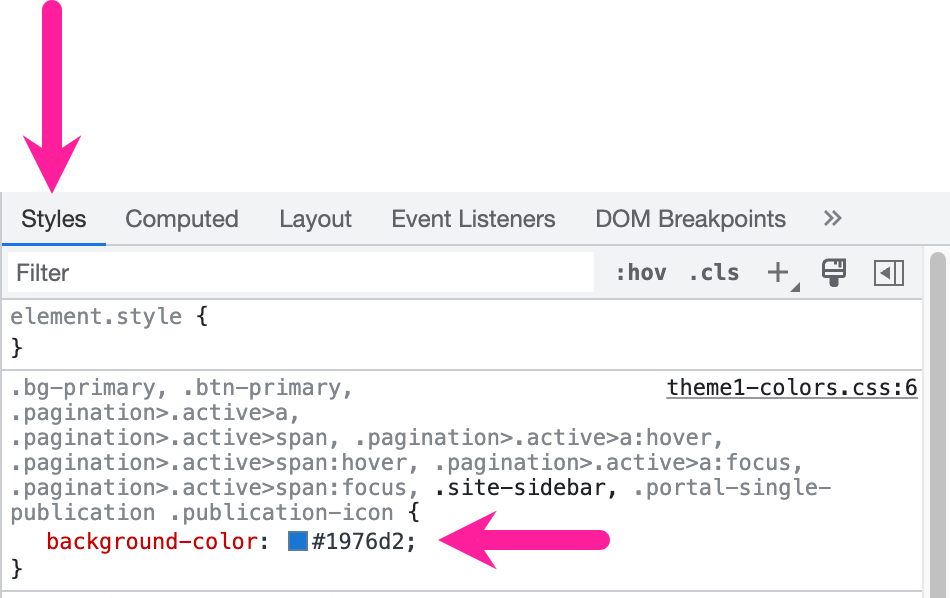 Styles tab of Google Chrome inspection tool. A callout points to Styles. On the tab, there are some CSS rules. A callout arrow points to the background-color style.