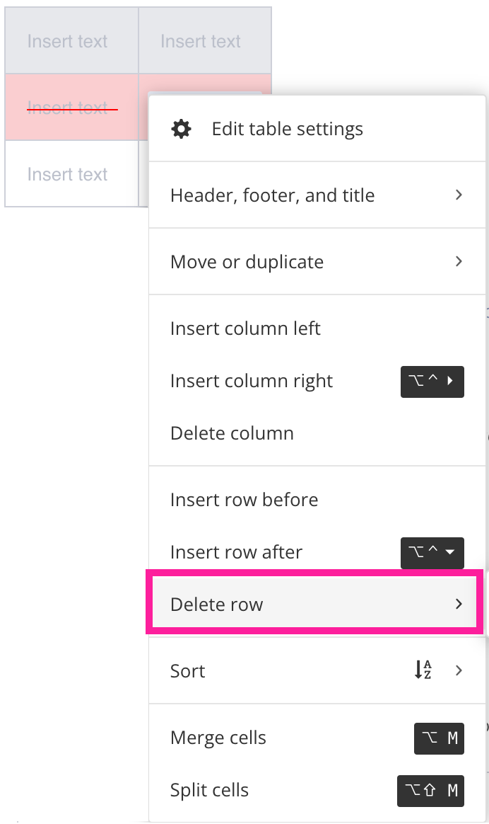 A table with a row selected. The row has a red highlight and a red line goes through the text. There is a menu and the Delete row option is highlighted.