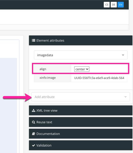 Element attributes section. It shows that imagedata is the currently selected image. The attributes will apply to imagedata. The align attribute has been added and its value is set to center. There is a combobox for selecting the possible values for alignment.