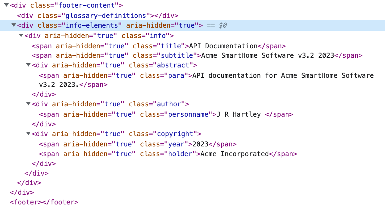 HTML5 code for a topic. It shows <div class="info-elements" aria-hidden="true"> and inside that, there are divs and spans for the info elements.