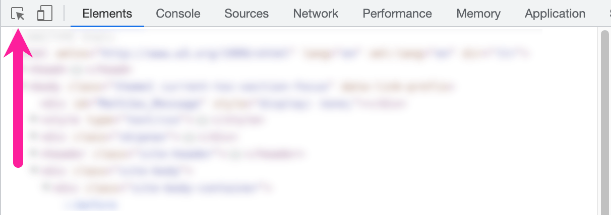 Google Chrome inspection tool. A callout arrow points to the selector tool icon, which is the first icon at the top of the inspection tool.
