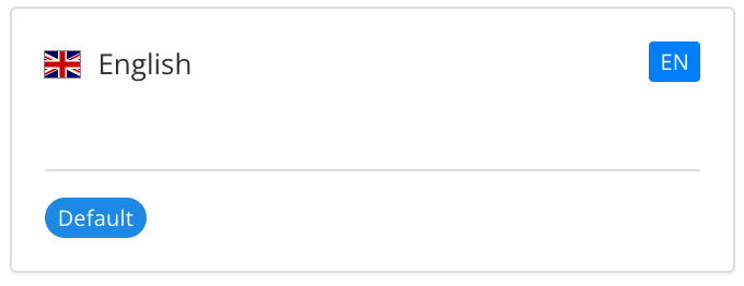 Default language shown on the Languages tab. A box contains the country flag, language name, and code for the language. There is a blue lozenge with the word "default" inside it in white.