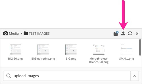 Media browser dialog. A callout arrow is pointing to the upload icon in the top-right.