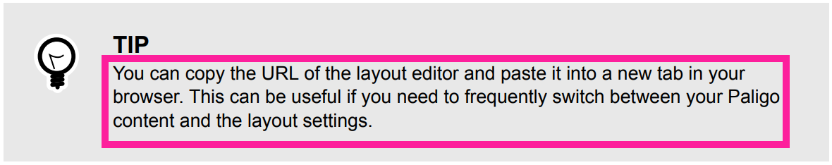 A tip admonition. It has a title "Tip", an icon, and some body text. There is a callout box around the body text to highlight it.