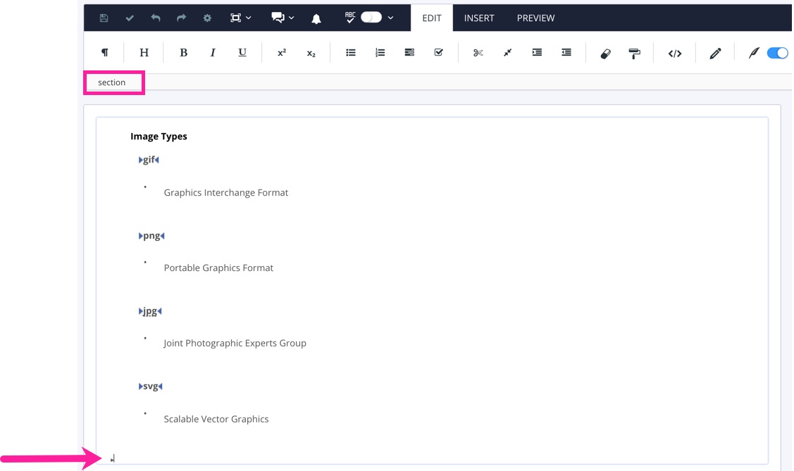 Cursor is positioned outside the list, after the last term and description pair.