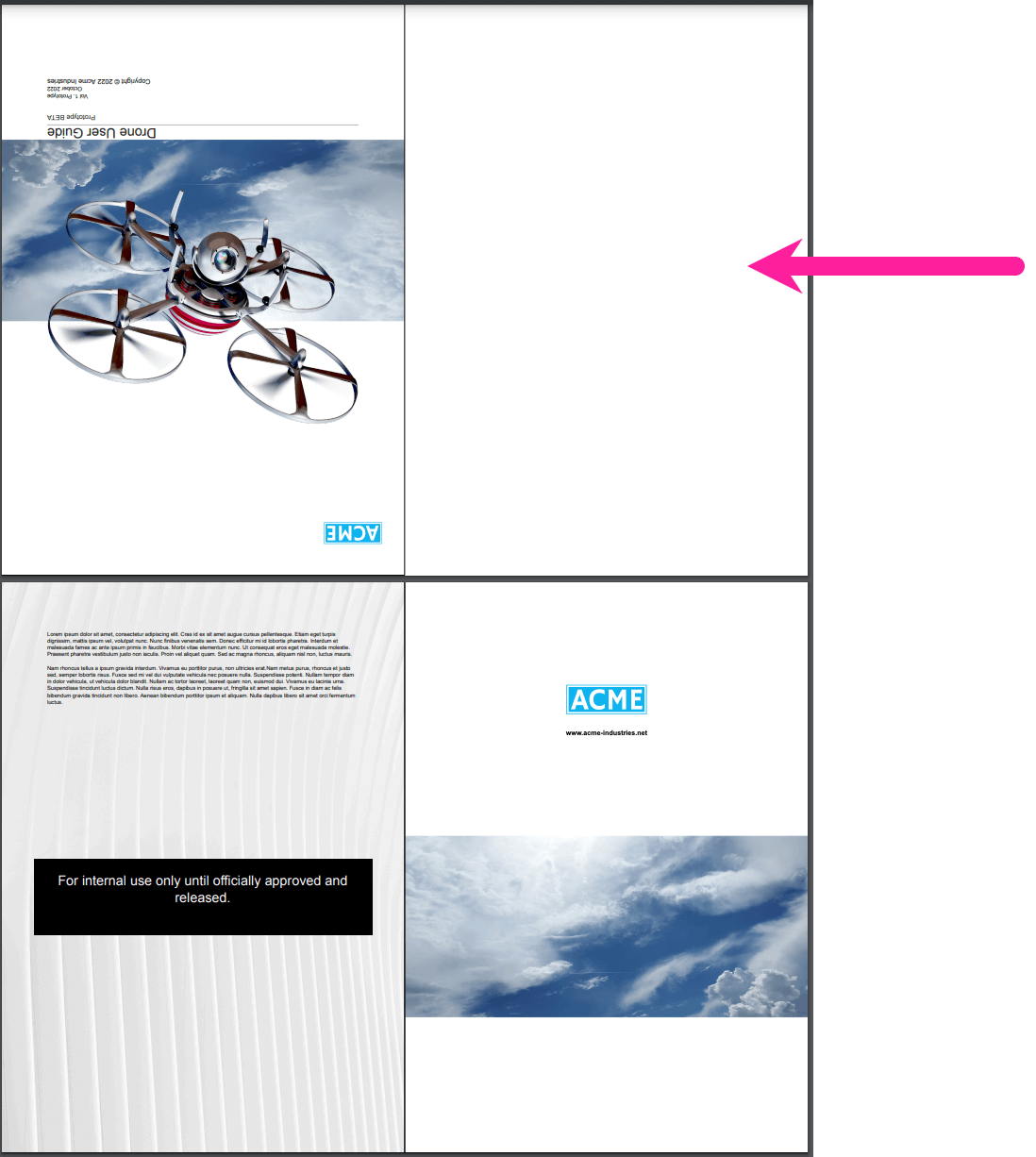 Print preview of a booklet when the divisible by number is incorrect. It shows that 4 content pages will be printed on a single piece of paper. In the top left is the front cover, top right is a blank page, bottom left is reverse side of front cover, and bottom right is the back cover.