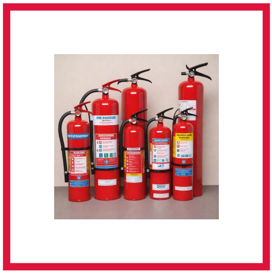 A photograph of several fire extinguishers lined up against a wall. There is white space around the photo and then a red border. The white space is the padding. It is the gap between the border and the actual image.