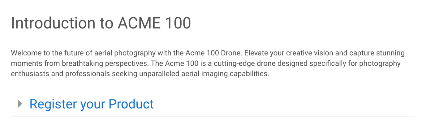 A topic displayed in a preview. It has its main heading shown, a paragraph of text, and then the heading for a subsection. There is an arrow next to the subsection heading. The content of the subsection is hidden.