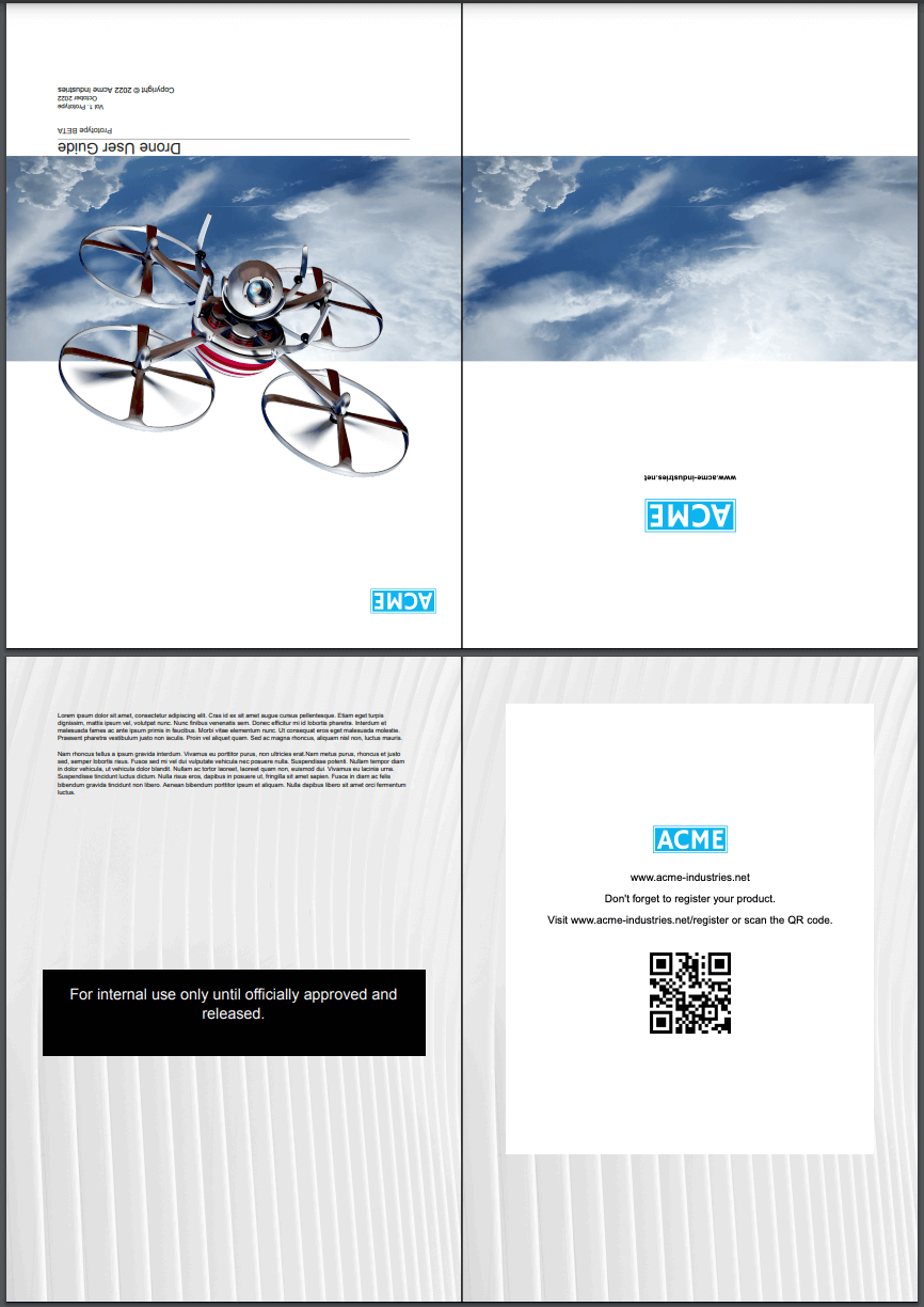 Print preview of a booklet. It shows that 4 content pages will be printed on a single piece of paper. In the top left is the front cover, top right is the back cover, bottom left is reverse side of front cover, and bottom right is reverse side of back cover.