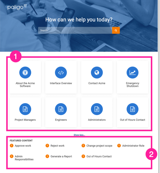 HTML5 Help center portal page. It is divided into three sections. The top section is for the search. The middle section contains category panels. The bottom section is for featured content. There is a callout box around category panels and it is numbered 1. There is also a callout box around the featured content section and it is numbered 2.