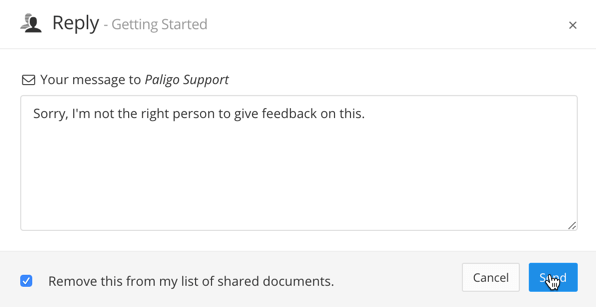 Reply comment dialog. There is a message box, a remove this from my list of shared documents checkbox, and send and. cancel buttons.