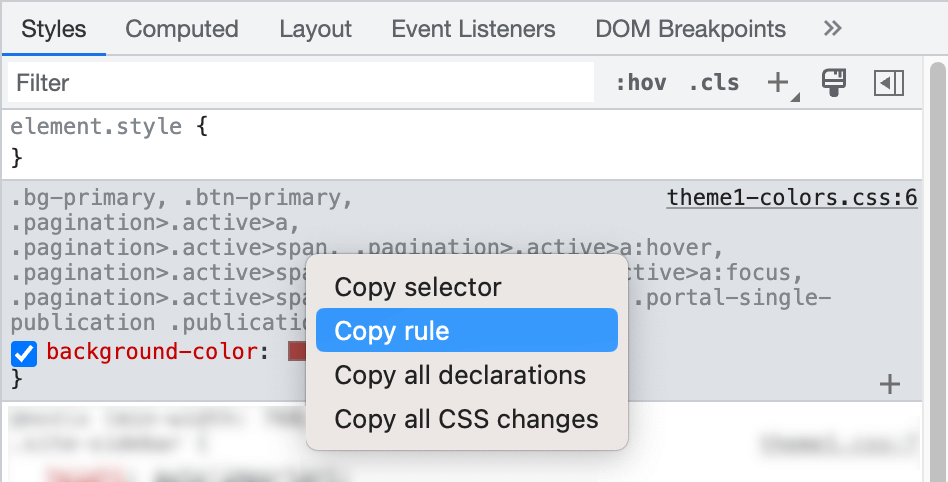Google Chrome inspection tool. There is a pop-up menu over the Styles tab. On the menu, the Copy rule option is selected.