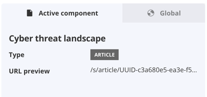 Active component tab for an article on the Salesforce tab. It shows the name and type of the content and has a URL preview. In this case, it is a plain text predicted URL as the article has yet to be published. It would be a hyperlink if the article had been published.