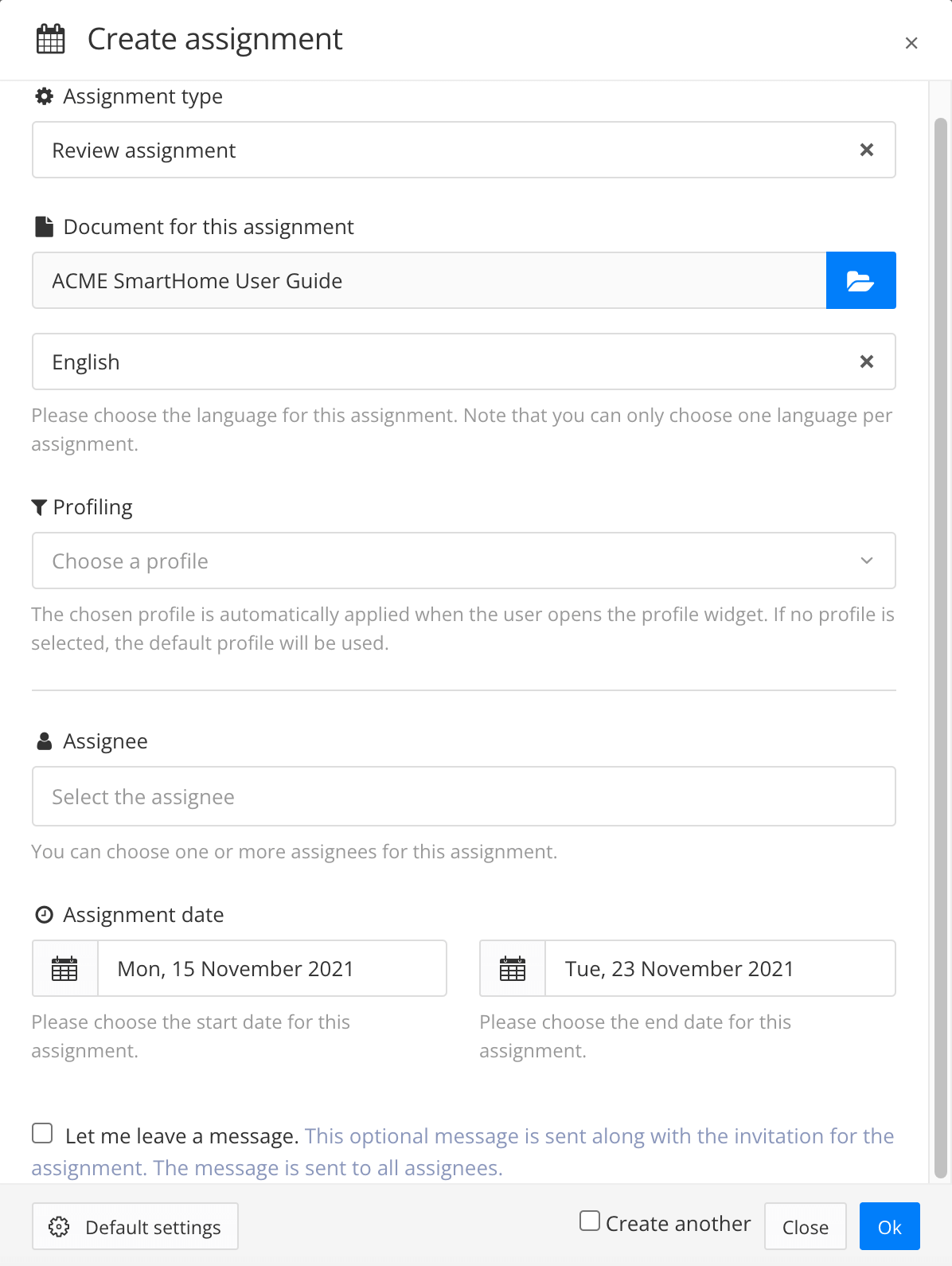 Create assignment dialog has fields for choosing the assignment type, profiling, language, assignees, timescale, and adding a message.