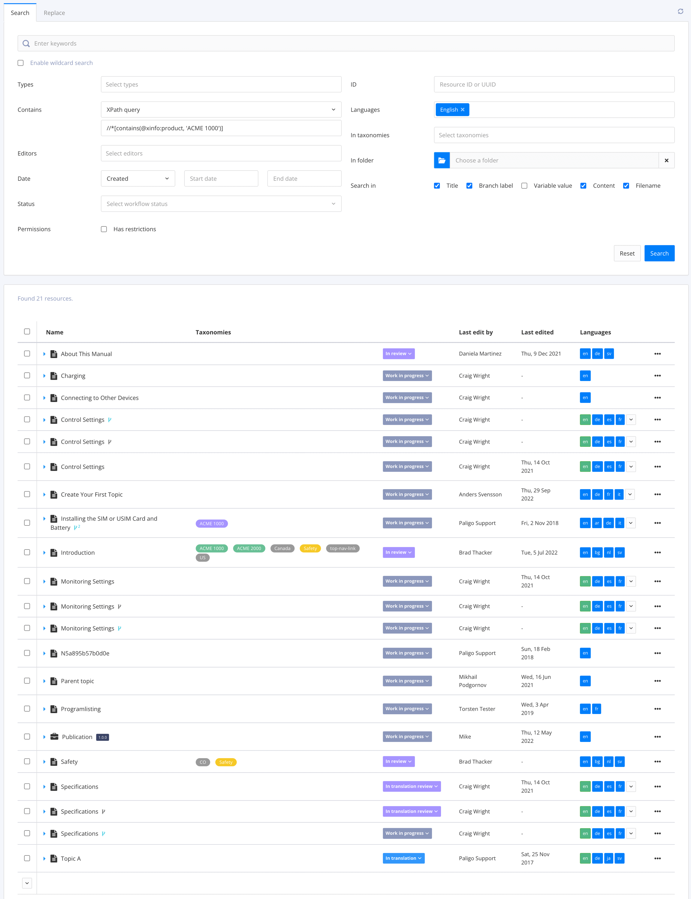 Advanced search settings after a search has taken place. The search results are shown as a list below the search settings.