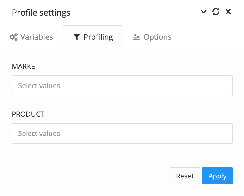Profile settings dialog. The Profiling tab is selected. It has a field for each different type of filter attribute.