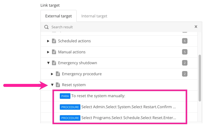 Link target dialog. It shows the publication structure and one instance of a Reset system topic is selected. Below it, there is a list of the elements inside the Reset system topic that are available as cross-reference targets.