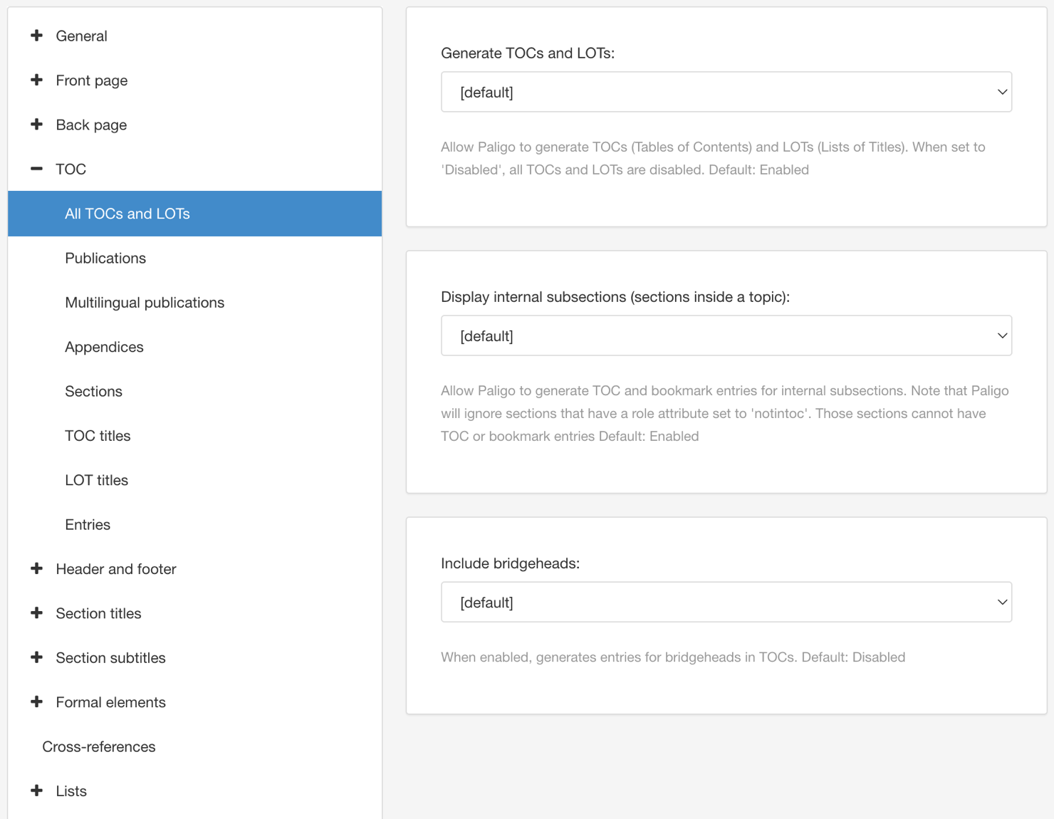 PDF Layout. TOC settings, All TOC and LOTs category.