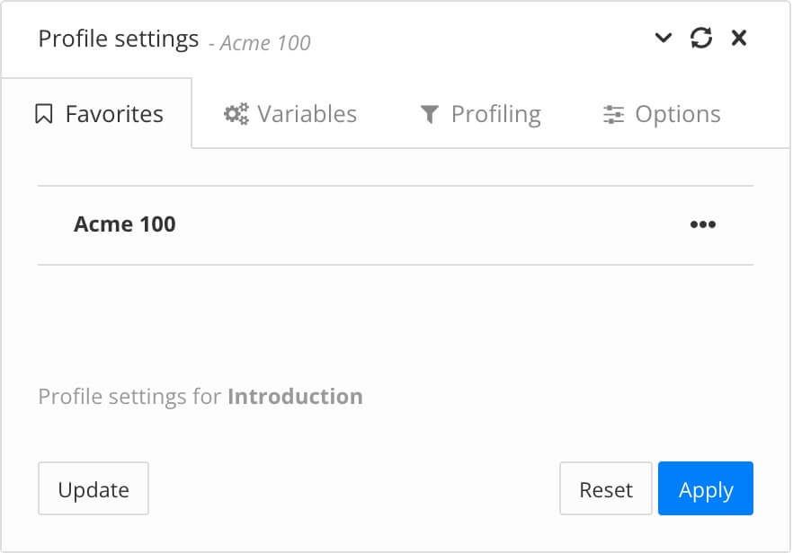 Profile settings dialog showing the favorites tab. There is one favorite profile shown in bold and there are update, reset, and apply buttons.