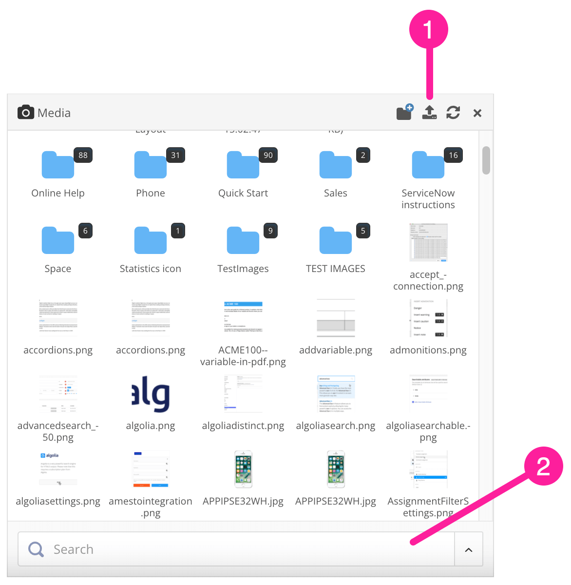 Media dialog for selecting an image in publication topic. A callout numbered 1 points to the upload icon in the top right corner. A callout numbered 2 points to the search field at the bottom.