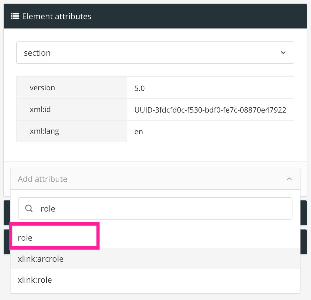 Element attributes panel. An attribute is being added from the Add attribute field. The role attribute is highlighted in the list of attributes to add.