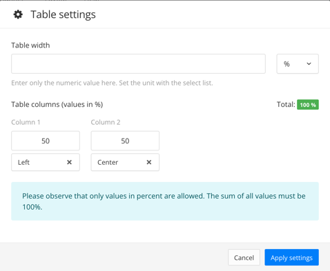 Table settings dialog. For each column there are two settings, one for the width and one for the alignment.