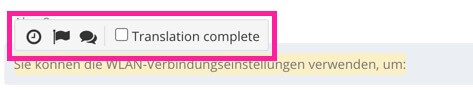 Translation review options bar. It has options for show history, compare translations, add comment, and mark as complete.