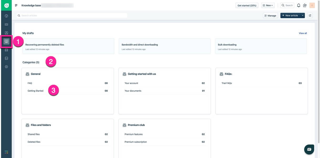 Freshdesk interface. There are numbered callouts on the image: 1 is over the Drafts section, 2 is over the Categories section, and 3 is over a folder.